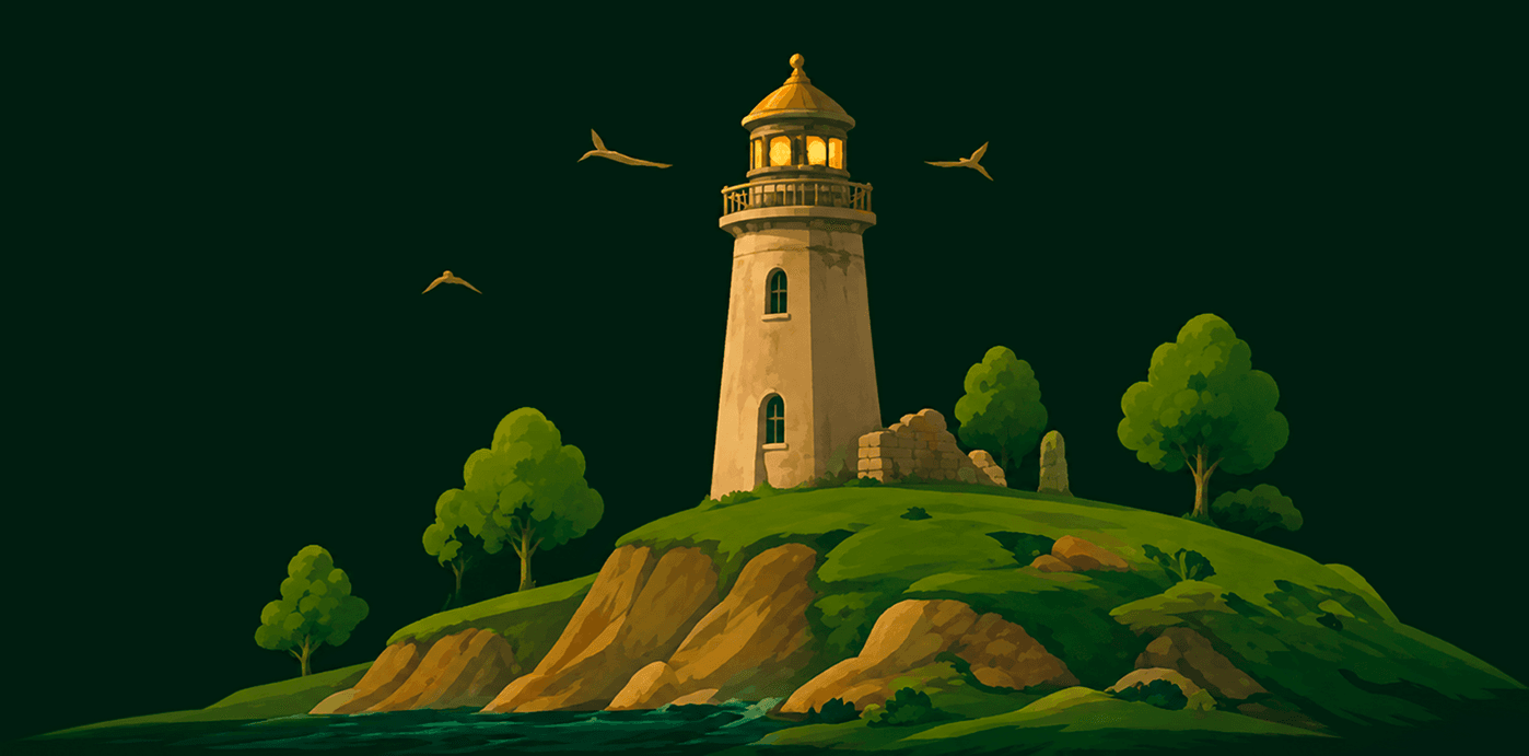 Lighthouse on an island at dusk
