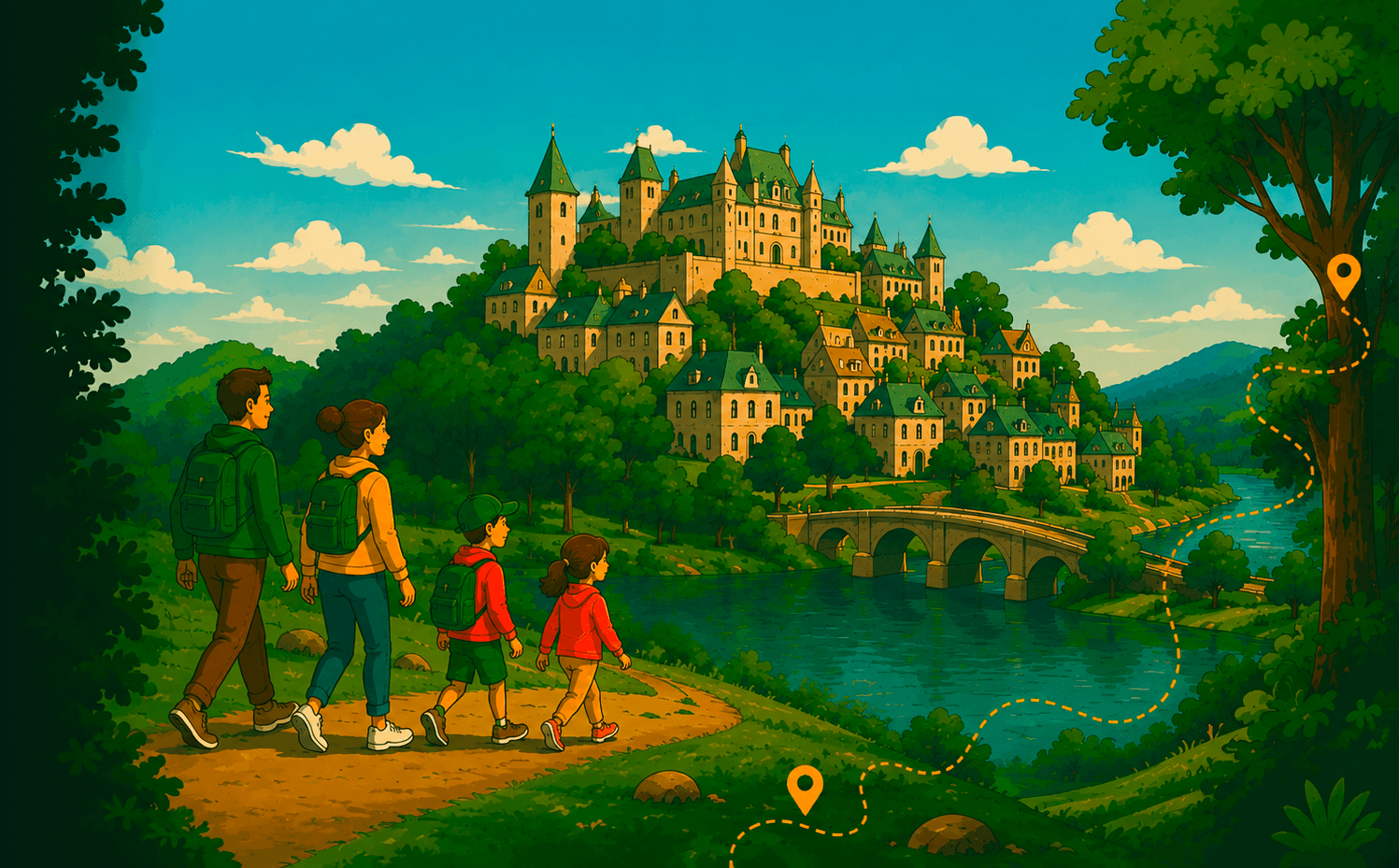 Family walking towards a fortified city